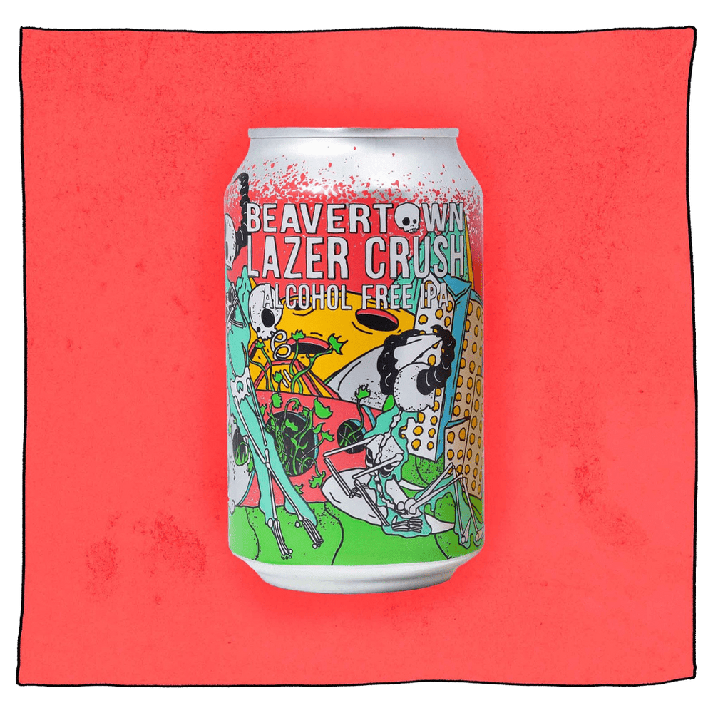 Lazer Crush - Alcohol Free IPA Can in front of a pink background. Can is silver with blue, pink, green and yellow, with white skeletons dancing and chilling on the green grass foreground.